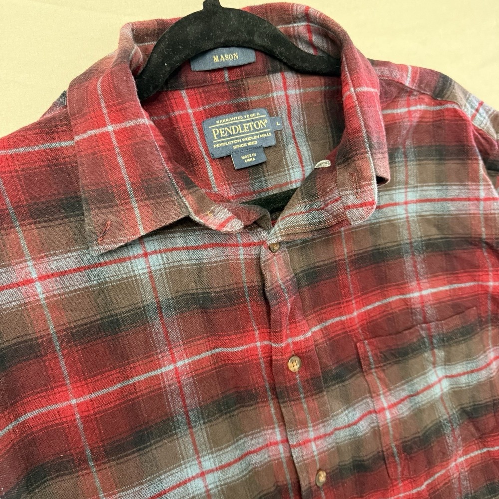 Pendleton Plaid Flannel Shirt Mens Large Red Gray Button Down Casual Outdoors